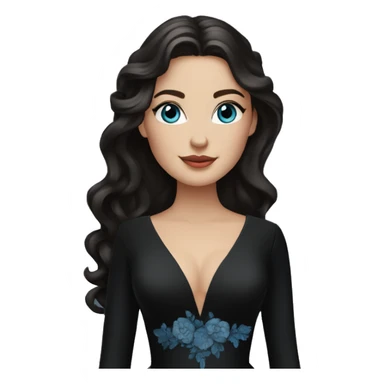 white bride with wavy dark brown long hair and blue eyes wearing a black deep v neck wedding dress with long sleeves sticker