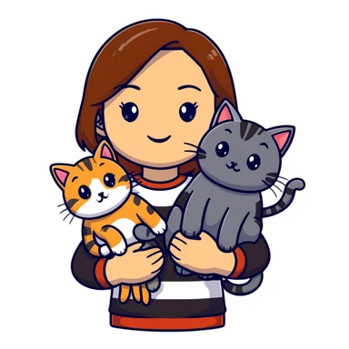 Tan brown-haired girl holding three cats, one black cat, one grey cat, and one grey-striped cat sticker