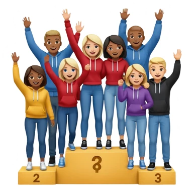 multi-racial group on a winners’ podium, middle step higher, all in jeans and hoodies, excited, fun, expressive emoji style sticker