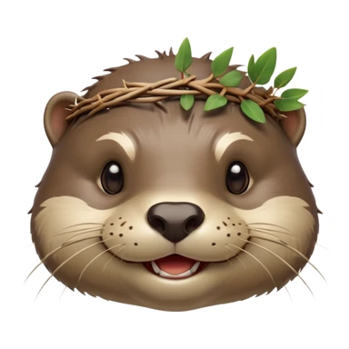 anthropomorphic smiling otter face in three-quarter profile view with simple thorny stem wrapped horizontally around its forehead like Jesus Christ's Crown of thorns, more human-like features, expressive eyes, human-like expressions, Apple emoji style, glossy finish sticker