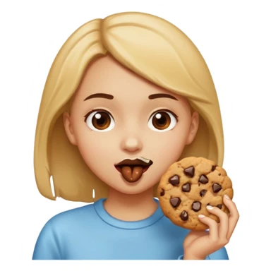 Girl eating a cookie thats bit into sticker