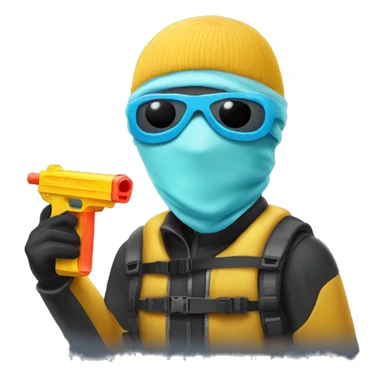 man dressed in a ski mask with a watergun sticker