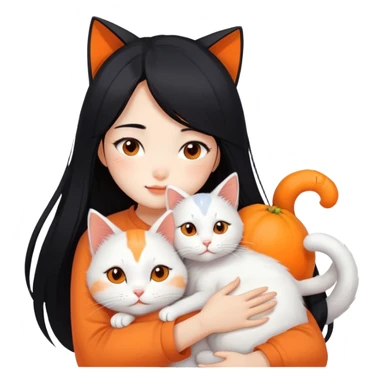 East Asian girl with long flowing black hair hugging a predominantly white cat with orange patches, sweet and gentle, cute facial expressions sticker