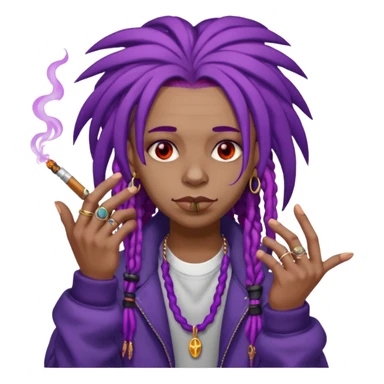 A purple weed smoking emoji with purple dreads, red eyes, hands full of rings, and wearing airforce1 shoes  sticker