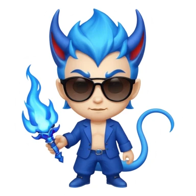 Cool devil with blue flame tail and shades, cute face, half body sticker