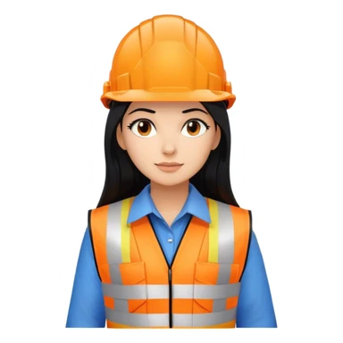 Female civil engineer with long black hair and white helmet wearing blue shirt and an orange safety vest looking at construction plan  sticker