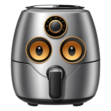 An air fryer with the knobs and handles made to look it's eyes, nose and mouth, hysterically crying with laughter sticker