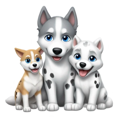 soft sun light, one white and grey baby  syberian husky, one big adult fox, one baby dalmatian white eyes and black ears, playing together, no background, high resolution, very detailed, realistic, amazing sticker