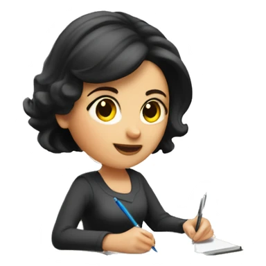 white skin mom with short dark hair writing  a notebook on a wooden desk  sticker