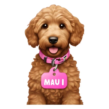 Mini brown female golden doodle with pink tag that says Maui  sticker