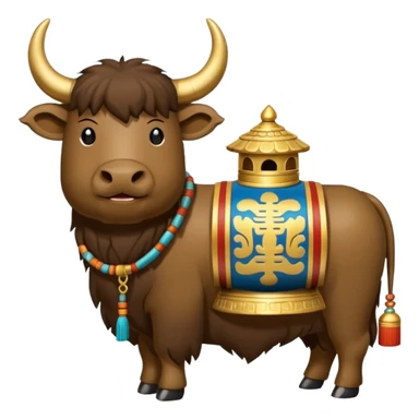 Tibet emoji with a yak and prayer wheels, representing Tibetan culture and landscape, in a simple and spiritual emoji style sticker