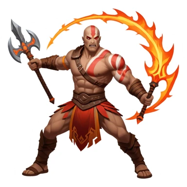 An icon showing a powerful warrior wielding a weapon, ready for battle, inspired by God of War: Ragnarok. The design captures the strength and determination of the character, with dynamic motion lines and a fiery, epic background. Transparent background highlights the action sticker