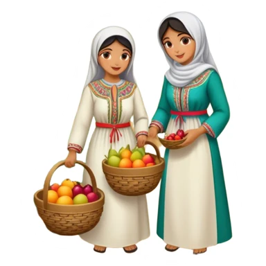 A nostalgic and culturally rich scene of Palestinian women dressed in traditional embroidered thobes harvesting fruit in an orchard. Their vibrant and intricately designed dresses reflect deep heritage, while their coordinated efforts—picking, sorting, and collecting fruit in a woven basket sticker