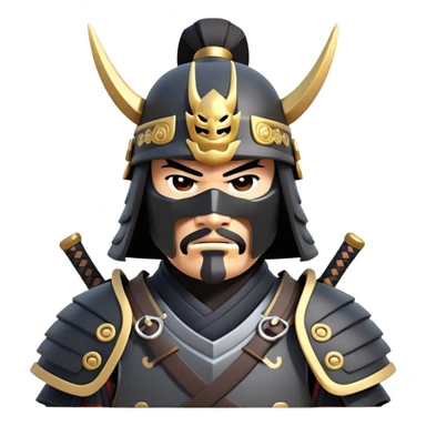 clash-of-clans-aesthetic_-cinematic-fearsome-and-majestic-samurai-bust-portrait-emoji, rendered in a flat, vector-style with minimal shading and bold, simplified shapes typical of emoji art, depicting a battle-hardened samurai with black mask and traditional black Japanese armor. The samurai is riding a noble grey warhorse adorned with an intricately designed saddle and fluttering banners and a rising sun. a samurai on a   horse sticker
