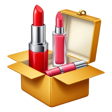 an opened box with a few beauty items such as lipstick and perfume sticker