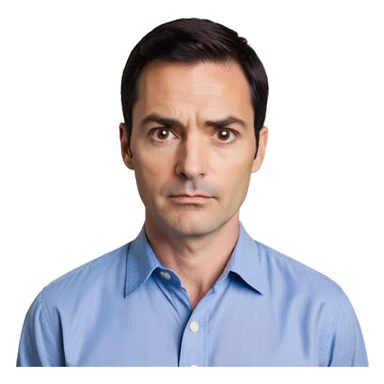 Man in his 40s with wide square face, marked jawline, full cheeks, looking incredulous with raised eyebrows, skeptical expression, medium dark brown eyes widened in disbelief, thick natural eyebrows, wide nose, mouth in a doubting smirk, short neat dark hair, wearing a blue button-up shirt sticker