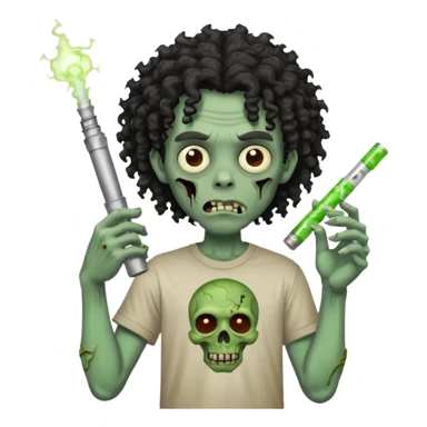 black mid long curly haired zombie getting stoned with weed t shirt and bong on his hand sticker