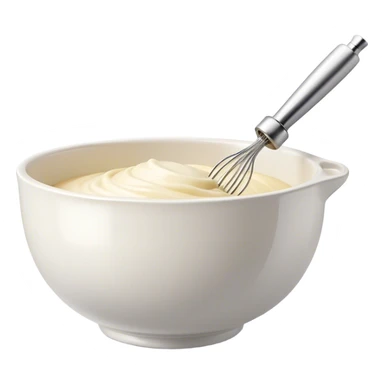 Cinematic Realistic Whisk & Mixing Bowl, a well-used metal whisk resting in a smooth ceramic mixing bowl, light reflecting off the whisk’s polished surface, subtle smears of batter along the rim, glowing with a sense of warmth and creativity. sticker