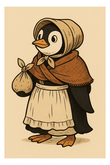 a cartoon penguin wearing 1800s pioneer attire, with a shawl and apron, carrying a small bundle, plain background sticker