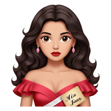 A woman with canela-toned skin, dark voluminous hair in waves, expressive eyes with soft lashes and shimmer, full lips with a glossy nude-pink color, wearing a red dress and a white sash with “Miss San Juan” in black letters, exuding elegance and confidence sticker