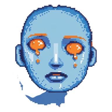 Pixelated face with blue sweat droplets, nervous expression sticker