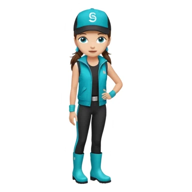 A landscaper in a beautiful turquoise jacket and turquoise rubber boots, black pants, and a black sleeveless shirt. On her head is a black color Swissotel baseball cap. The girl is a brunette with blue eyes. sticker