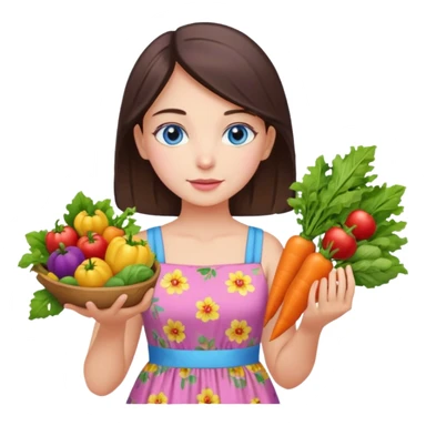 Turkish beautiful finish Konya girl blue eyes with floral pink and yellow lila dress and she had on her hand vegetables  sticker
