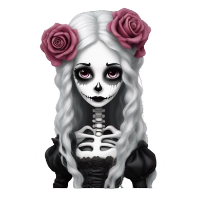 PINK LANDSCAPE PICTURE WITH FRAME: full body, hyper realism, full height skeleton, tim burton "corpse bride", thin porcelain doll with a cracked face, goth makeup, long hair, lace and ruffles, lolita style, inked, black and white, red roses sticker