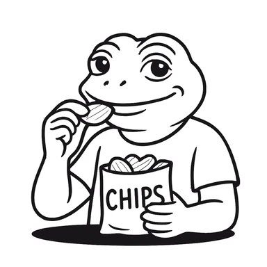 man eating chips, more white, smiling a little, bufo sticker