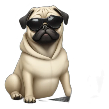 Pug wearing a black hoodie and using a laptop and wearing sunglasses sticker