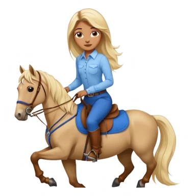 Brown girl with very long blonde hair wearing a cream colored; collared long sleeve shirt and blue riding pants with brown boots on top of a brown horse with 4 legs sticker