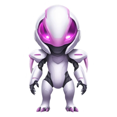 White Medabot-Lizard-Reptile-Raptor-Alien-Genesect-Mewtwo-Fakémon, with pink eyes, with a futuristic visor-helmet, wearing a techwear-suit, Full Body sticker