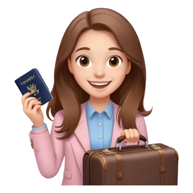 Excited smiling sweetly Girl with long brown hair with a suitcase, ready for travel, passport in hand and many butterflies around pale pink  sticker