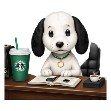 snoopy in a desk with starbucks and his chanel purse sticker