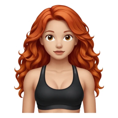 Athletic girl with long light red wavy hair and smaller boobs bigger arms. middle part and black sports bra, long hair sticker