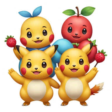 Three Pokémon characters showing kindness and teamwork. One Pokémon is handing a berry to another, while the third Pokémon is cheering and clapping happily. They look joyful and friendly, standing close together in a bright, colorful cartoon scene. The style is cute, playful, and emoji-like. sticker