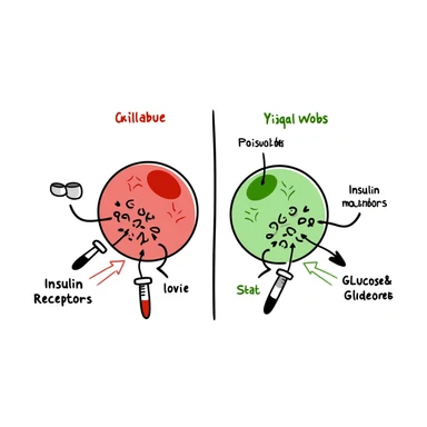 Anti-diabetic treatment visualization: hand-drawn diagram comparing high glucose state (red side) versus treated state (green side) with medication symbols, insulin receptors, and cellular glucose uptake. Colorful educational illustration with before/after comparison and labeled components. sticker