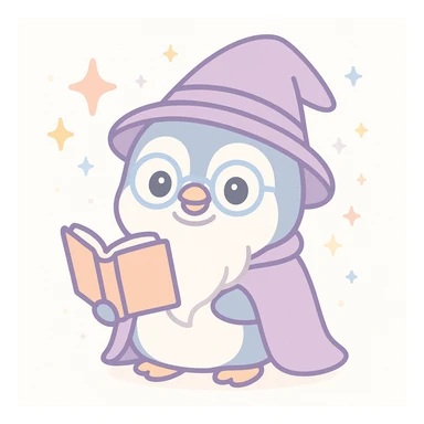 a cartoon penguin wizard with glasses, a long beard, and a spellbook, surrounded by magical effects sticker