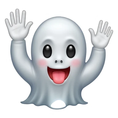 ghost emoji with tongue out with one hand up and one down and 6 above the left hand and 7 above the right hand sticker
