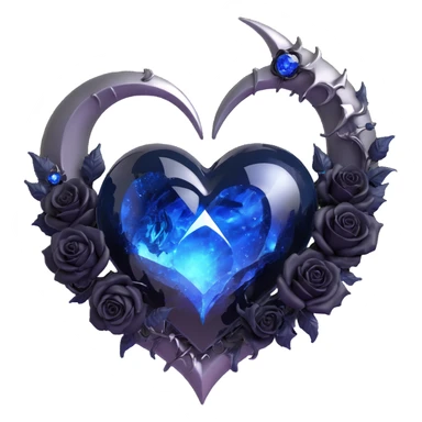 Make the gothic heart more dramatic: deepen the blue glass, enlarge the silver crescent moon, add more black roses, increase sparkling stardust, make the lightning bolt crack more vivid, enhance the wet glossy finish, exaggerate fractured glass, and add a glowing aura for a dramatic effect. sticker