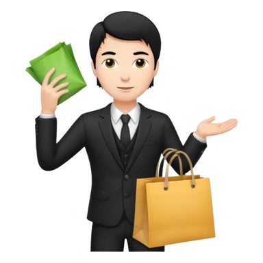 a white elegant man black hair in a black suit with clothing shopping bag sticker
