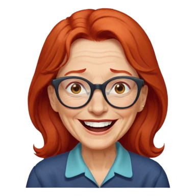 obese; older 50's ; long red hair ; women hazel eyes; glasses ; laughing sticker