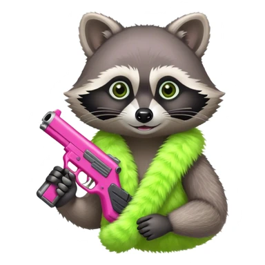 Raccoon wearing a lime green boa holding a pink gun sticker