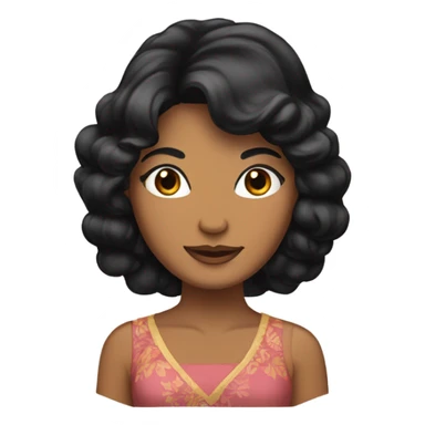 Tanned woman with black hair wearing 1970s style dress and hair sticker