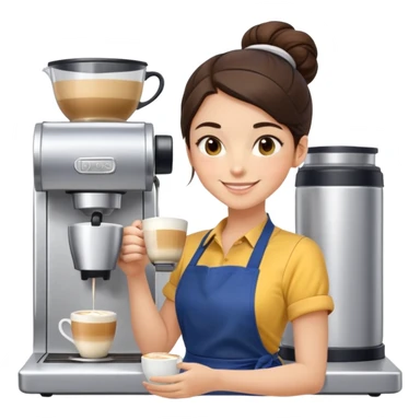 Cute brunette barista girl with hair in a bun wearing yellow shirt and dark blue apron, she's relaxed and making latte art, smiling at the coffee cup sticker