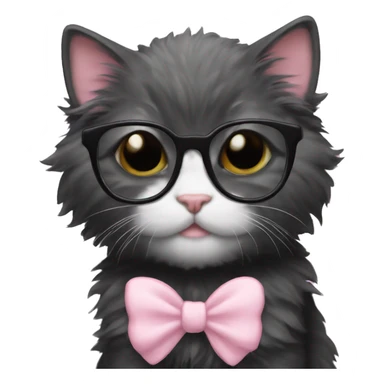 fluffy black kitten nerd with glasses and light pink bow sticker
