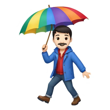 A dark-haired boy with a white beard dancing with an umbrella in the rain sticker