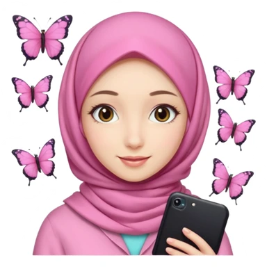 apple style emoji of an ASMR content creator girl, pink hijab with butterfly hairclips on left and right, gentle smile, surrounded by ASMR props sticker