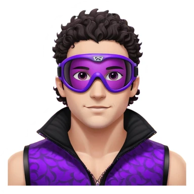 close-up of male athlete with white skin and moderately curly dark brown hair on top with shaved sides, wearing ski goggles with purple frames and very dark black lenses, a simple plain black chain necklace, and a completely unzipped sleeveless vest with purple and black sequin fire pattern design with no logo, with an arrogant smug smirk on his face, looking confident and cocky sticker