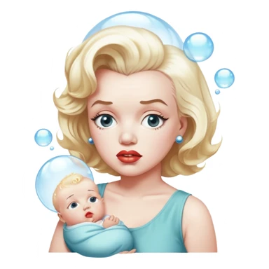 Marilyn Monroe shown from the waist up looking sad with a bubble above her head showing a baby sticker